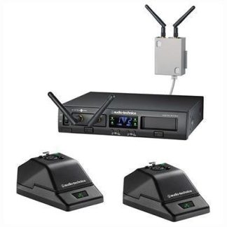 Audio-Technica ATW-1377 System 10 Wireless systems microphone desk stand system includes ATW-RC13 rack-mount receiver chassis, ATW- RU13 x2 receiver unit and ATW-T1007 x2 microphone desk stand transmitter