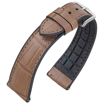 Hirsch Ian Performance Watch Strap Taupe Louisiana Alligator Skin / Black Caoutchouc