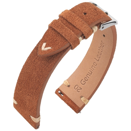 Suede Leather Vintage V-Stitch Watch Strap Cognac