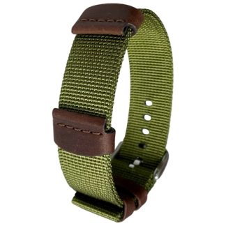 Hirsch Rebel Watch Strap Nylon / Saddle Leather NATO Style Green
