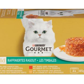 Gourmet Gold · Refined ragout · Beef &tomatoes, chicken &carrots, turkey &spinach, lamb &green beans