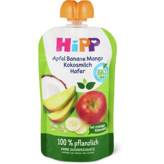 HiPP Bio · Squeeze pouches for babies apple, banana, mango and coconutmilk & oats · From 12 months