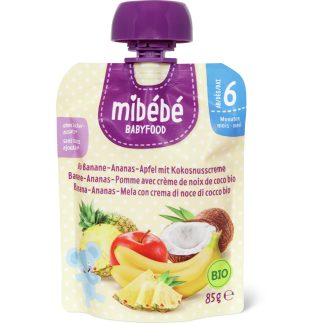 Mibébé Bio Babyfood · Squeeze pouches for babies banana, pineapple & apple · From 6 months