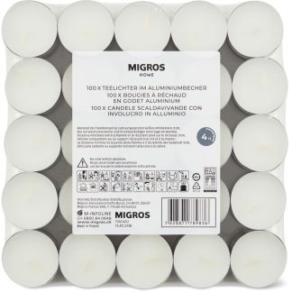 Migros Home · Tea lights · white, aluminium, paraffin and stearin mixture - 4h burning time, 100x12g