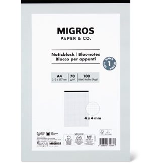Migros Paper & Co. · Notepads A4 · 4mm checkered, 100 papers, 70g/m2