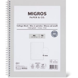 Migros Paper & Co. · College Block A4 · Lined 9mm, 80 sheets, 70g/m2