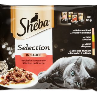 Sheba Sélection · complete feedingstuffs for adult cats · with beef, with lamb, with chicken and with turkey