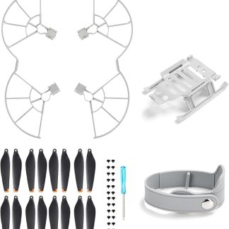 Комплект аксессуаров для DJI Mini 3 Pro: защита пропеллеров, 16 пропеллеров, ремешок для крепления пропеллеров и ножки шасси.