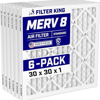 Воздушный фильтр Filter King 30x30x1 (MERV 8) (комплект из 6 штук) для защиты от пыли и аллергии, для кондиционеров и печей, СДЕЛАНО В США, для систем отопления, вентиляции и кондиционирования, складчатый, электростатический (фактический размер: 29,5 x 29,5 x 0,75 дюйма)