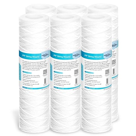Фильтр для осадочной воды Membrane Solutions 10 дюймов, картридж с обмоткой для обратного осмоса, подачи воды и фильтрации частиц, сменный картридж для универсальной системы обратного осмоса 10 дюймов - 20 микрон, упаковка из 6 штук.