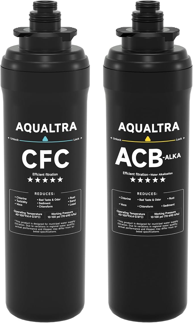 Комплект фильтров AQUALTRA CFC и ACB-ALKA для систем фильтрации воды под раковиной USF-2B-10 USF-2F-10 USF-3B-10 USF-3B-10 USF-3F-10 2 фильтра в упаковке: 1 фильтр CFC + 1 фильтр ACB-ALKA