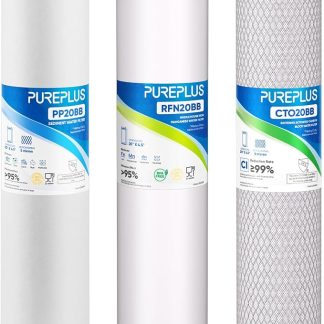 Комплект из 3-ступенчатого фильтра для воды PUREPLUS размером 4,5 x 20 дюймов, включающий фильтр для удаления осадка, железа и марганца, а также угольный фильтр с активированным углем и комплект для замены фильтра на 5 микрон.