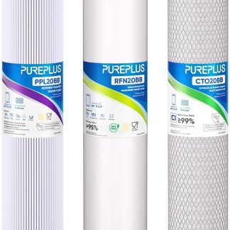 Комплект из 3-ступенчатого фильтра для воды PUREPLUS для всего дома размером 4,5 x 20 дюймов, включающий гофрированный осадочный фильтр, фильтр для снижения содержания железа и марганца и угольный фильтр с активированным углем, а также комплект для замены фильтра на 5 микрон.