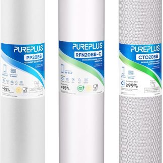 Комплект из 3-ступенчатого фильтра для воды PUREPLUS 4,5 x 20 для всего дома, включающий осадочный, гранулированный и угольный фильтры, а также комплект сменных фильтров для воды с порами 5 микрон.